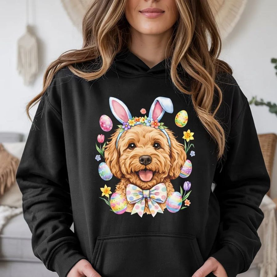 Easter Dog Hoodie | Cute Goldendoodle Bunny Ears Watercolor Graphic | Cotton-Poly Blend Sweatshirt | Spring Dog Mom Gift