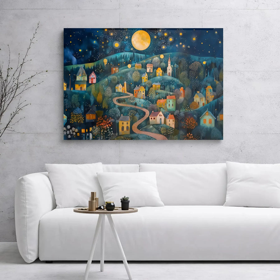 Whimsical Village Night Canvas | Moonlit Hill Landscape Wall Art | Premium 1.25 Inch Gallery Wrap | Dreamy Bedroom Living Room Decor