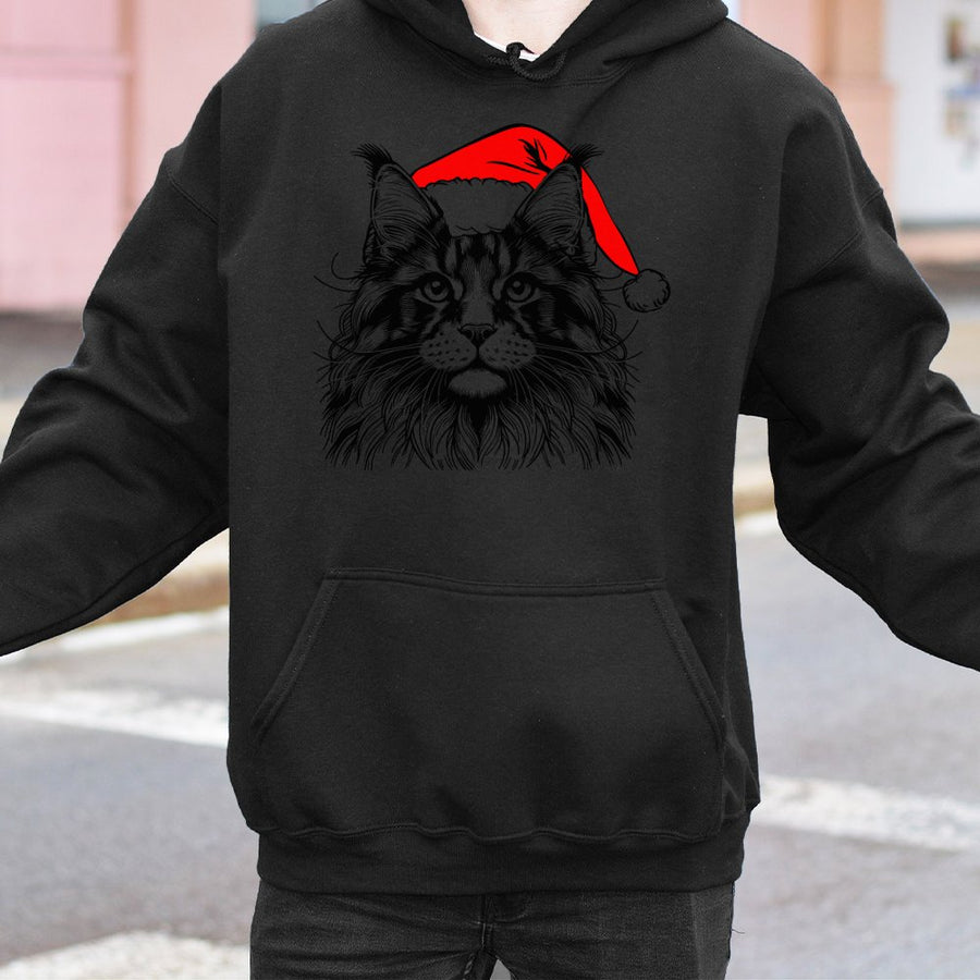 Maine Coon Cat Christmas Hoodie | Festive Santa Hat Graphic Print | Soft Cotton-Blend Premium Apparel | Cute Holiday Gift for Cat Lovers