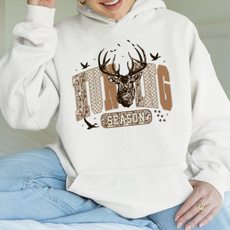 Hunting Season Hoodie | Retro Deer Camo Graphic Print | Premium Cotton-Blend Apparel | Gift for Outdoorsman Hunter