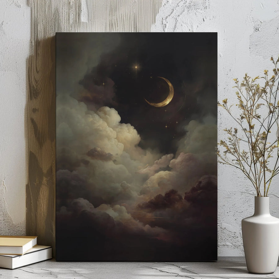Celestial Moon Wall Art | Moody Night Sky With Clouds | Gallery Wrap Canvas Print | Gothic Home Decor & Spiritual Bedroom Aesthetic