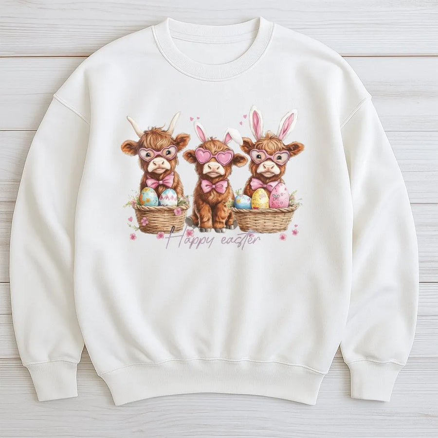 Easter Highland Cow Sweatshirt | Cute Bunny Ears Farm Animal Graphic | Premium Cotton Blend | Unisex Holiday Gift for Her