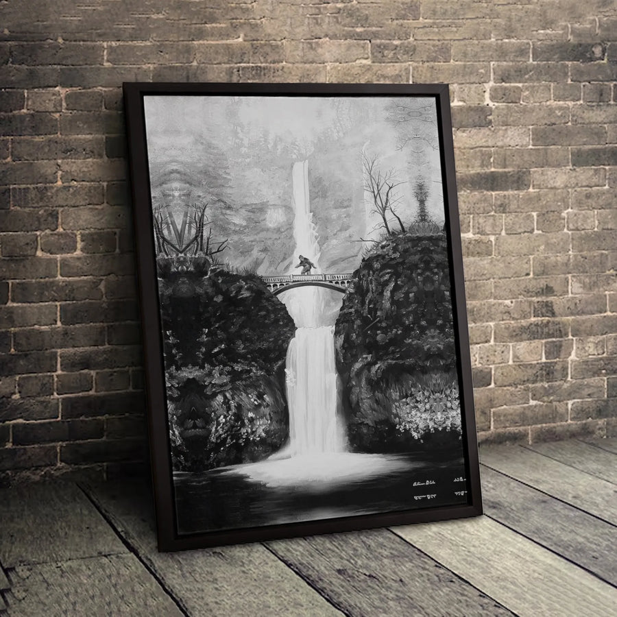 Bigfoot Wall Art Canvas | Black and White Multnomah Falls Print | Gallery Wrapped 1.25" Profile | Rustic Cabin Home Decor Gift