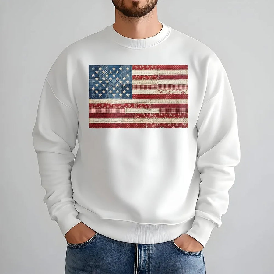 American Flag Sweatshirt | Vintage Patchwork Quilt Graphic Sweatshirt | Soft Cotton Blend | Patriotic 4th of July Gift