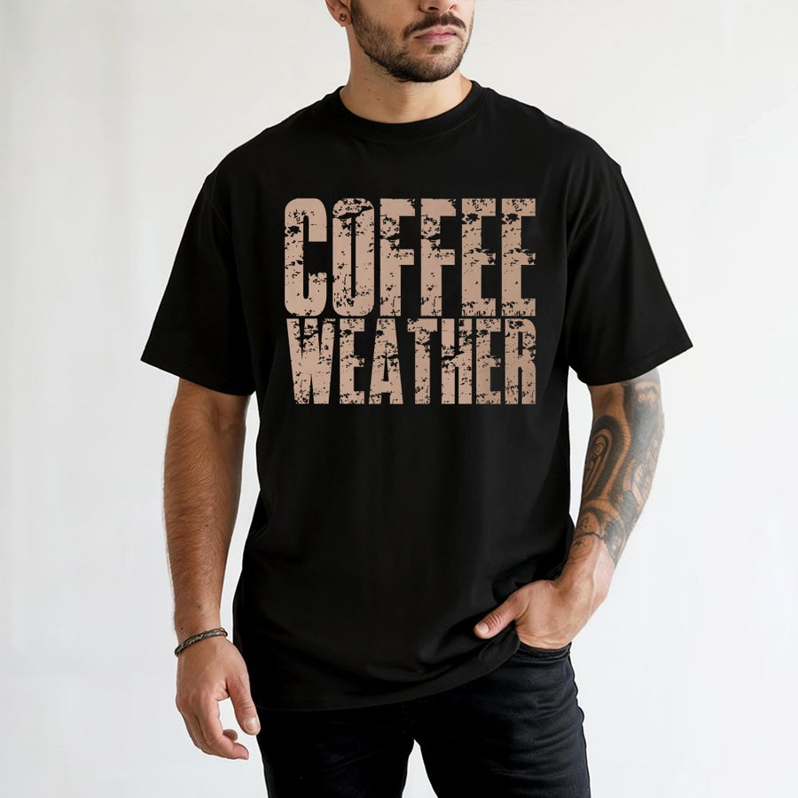 Coffee Weather T-Shirt | Distressed Typography Fall Graphic | 100% Cotton Premium Soft Tee | Gift For Coffee Lovers Autumn Outfit