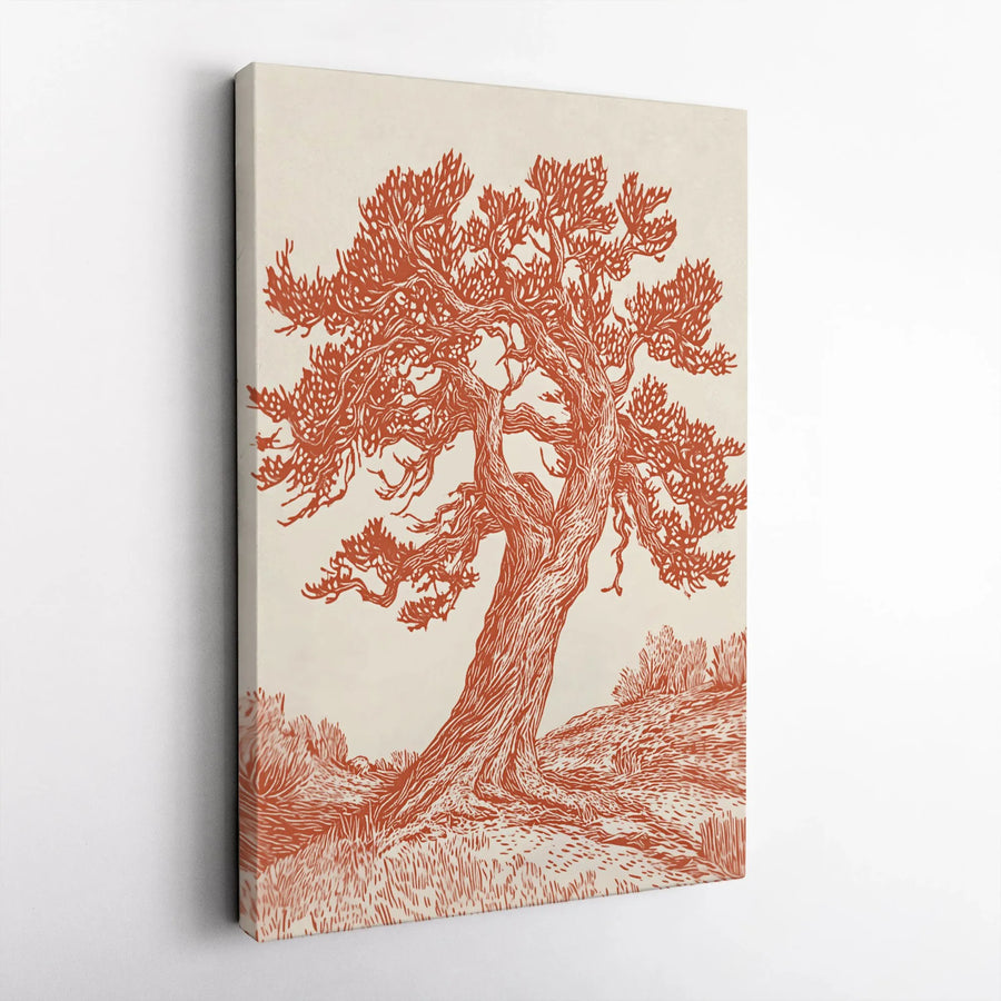 Gnarled Tree Canvas Wall Art | Rustic Woodcut Illustration Print | Premium Gallery Wrap Decor | Nature Inspired Gift for Home Office