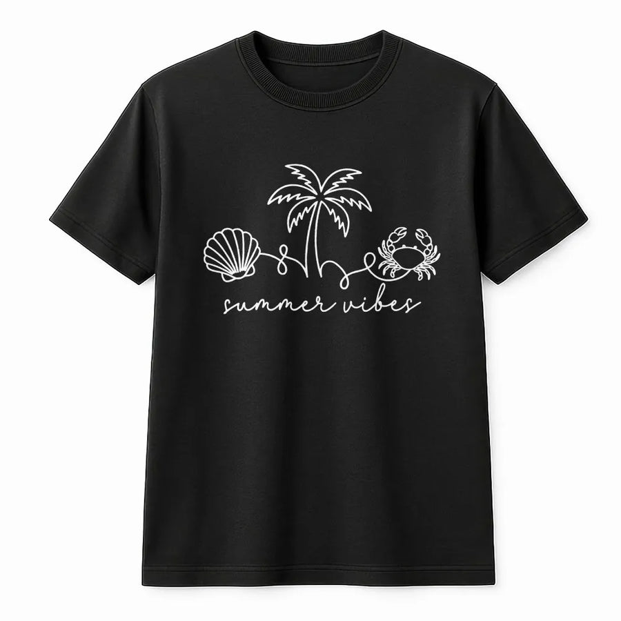 Summer Vibes T-Shirt | Minimalist Beach Graphic with Seashell & Crab | Soft Cotton Blend Pullover | Coastal Vacation Gift for Her