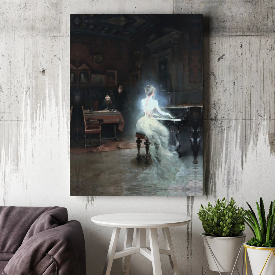 Claudius Roux The Recital Canvas Wall Art | Vintage Gothic Pianist Painting Print | Premium 1.25" Thick Gallery Wrap | Dark Academia Home Decor