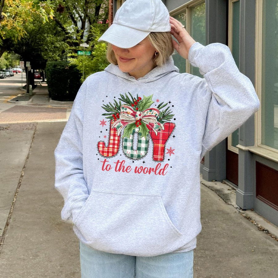 Joy To The World Christmas Hoodie | Festive Buffalo Plaid Typography Design | Soft Cotton-Poly Blend | Premium Christian Holiday Gift for Women