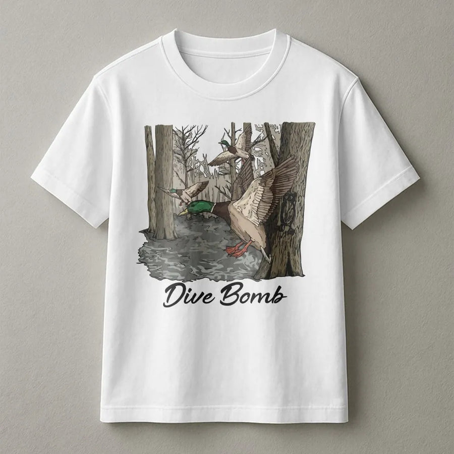Dive Bomb Duck Hunting T-Shirt | Funny Waterfowl Graphic Pullover | Premium Cotton Blend | Gift for Hunter and Outdoorsman