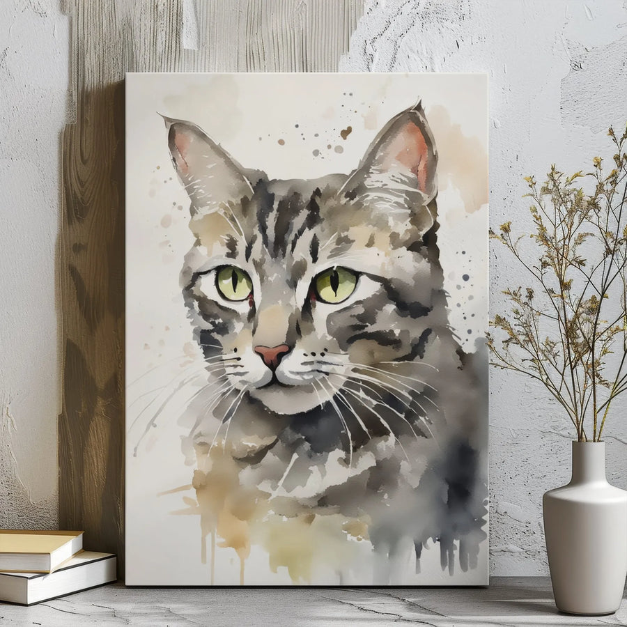Grey Tabby Cat Wall Art | Watercolor Portrait Canvas Print | 1.25” Gallery Wrap | Premium Pet Lover Gift Home Decor