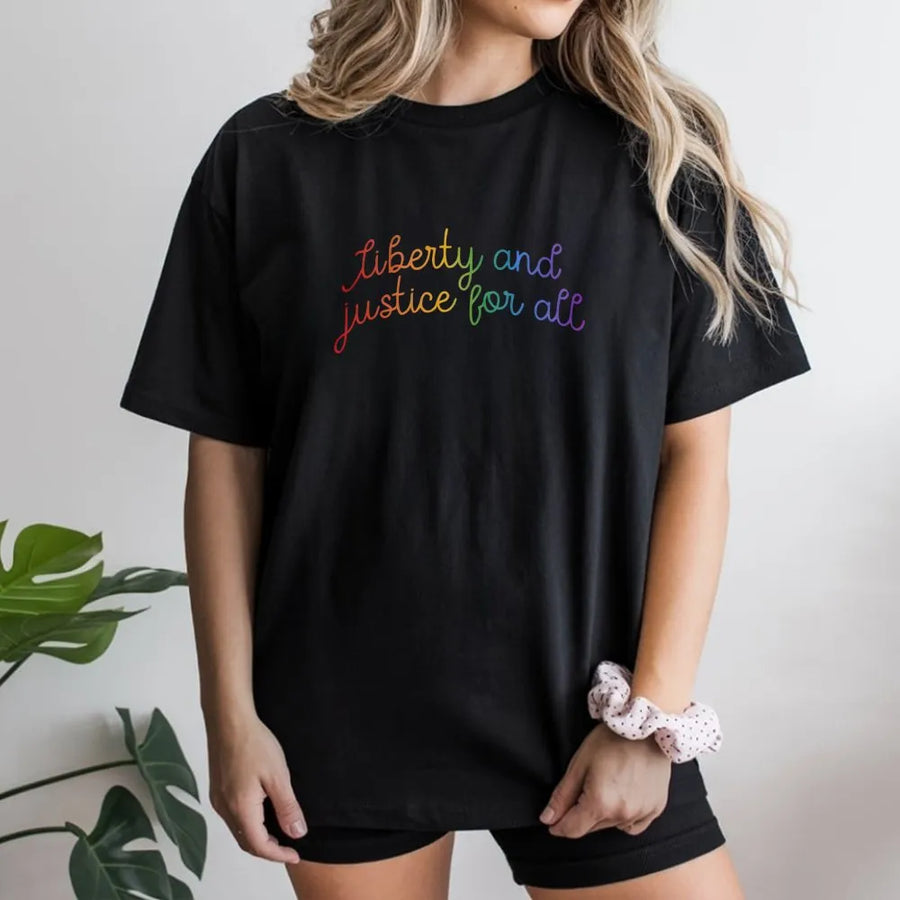 LGBTQ Pride T-Shirt | Liberty and Justice for All Rainbow Text | Premium Cotton Blend | Queer Ally Pride Month Gift