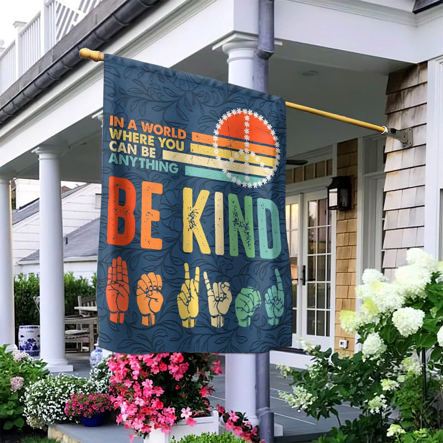 Be Kind ASL Garden Flag | Retro Sign Language Peace Sign Decor | UV-Resistant Polyester Banner | Inclusive Garden Gift