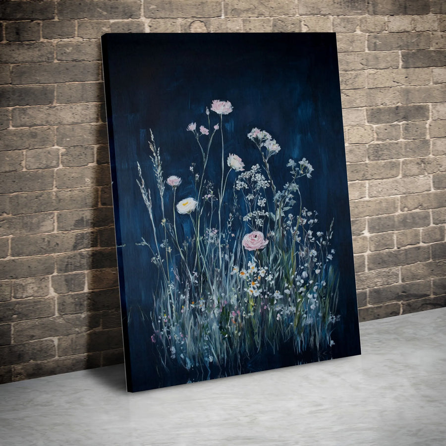 Dark Botanical Wall Art | Moody Wildflower Field Painting | Premium Gallery Wrapped Canvas | Elegant Floral Home Decor Gift