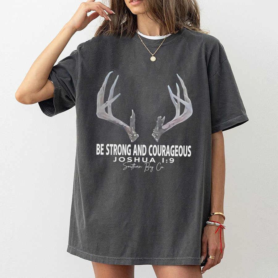 Be Strong And Courageous T-Shirt | Joshua 1:9 Deer Antler Graphic | 100% Premium Cotton | Christian Faith Gift for Outdoorsmen and Hunters