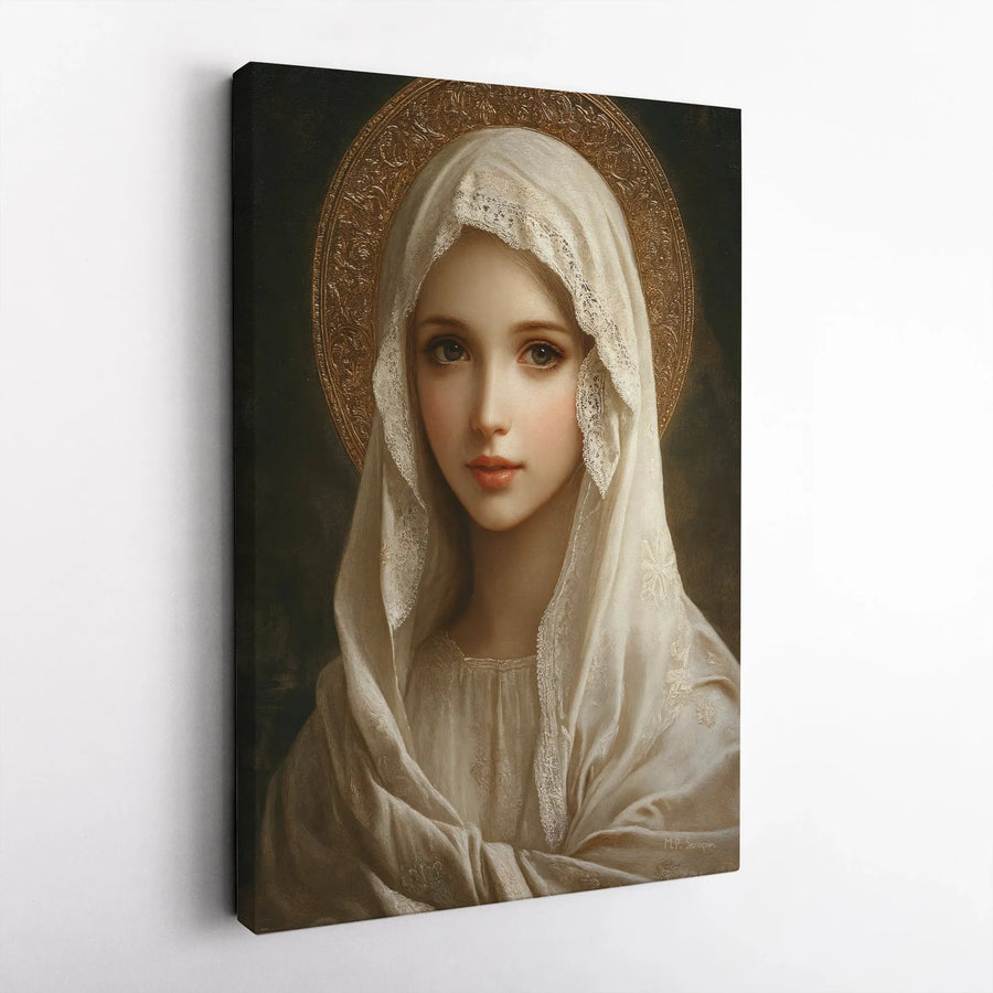 Virgin Mary Canvas Print | Religious Portrait with Golden Halo | Premium Gallery Wrapped Wall Art | Catholic Home Decor Gift for Believers