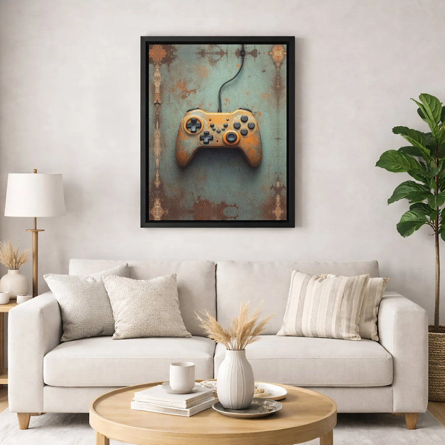 Vintage Gaming Controller Canvas Art | Industrial Rusty Texture Print | Gallery Quality 1.25 Inch Frame | Gamer Room Decor & Gift