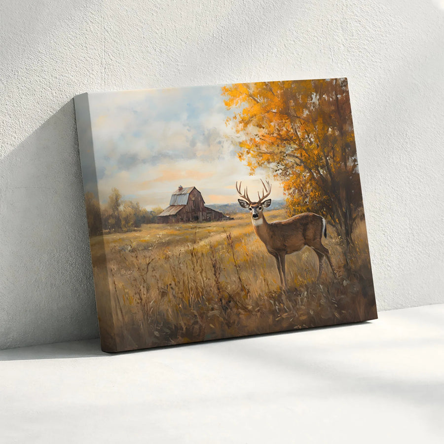 Rustic Deer Canvas Wall Art | Whitetail Buck & Autumn Barn Landscape | Premium Gallery Print | Farmhouse Cabin Decor Gift for Hunter