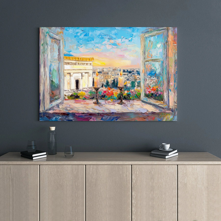 Jerusalem Wall Art | Impressionist Window View with Candles | Premium Gallery Wrap Canvas | Spiritual Home Decor Gift