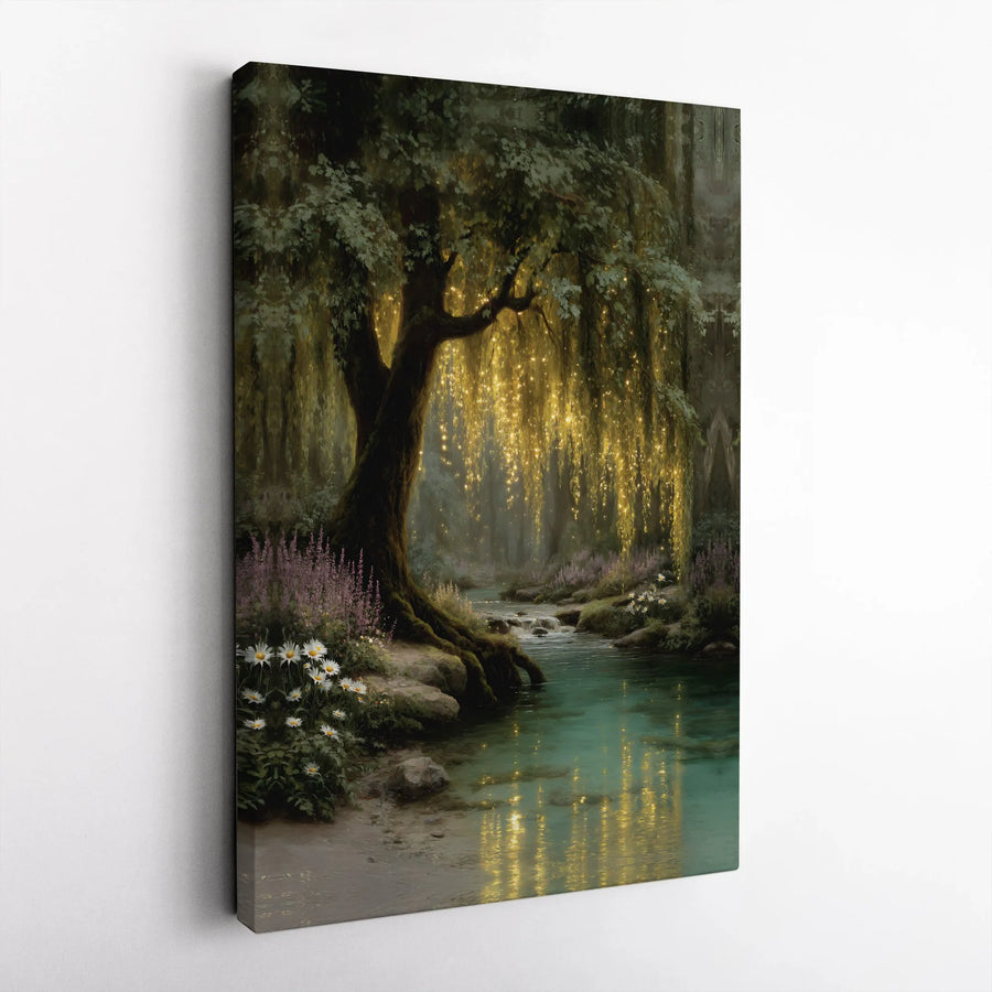 Enchanted Forest Canvas Print | Weeping Willow With Fairy Lights Wall Art | Premium Gallery Wrap Decor | Magical Nature Landscape Gift