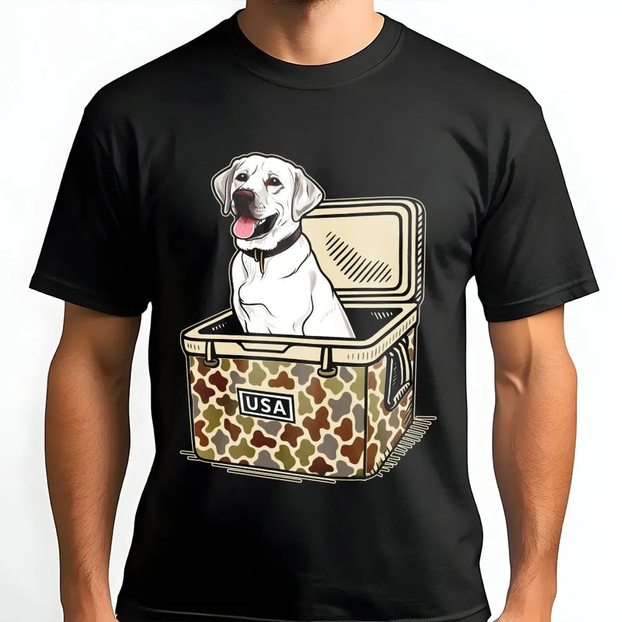 Labrador Dog T-Shirt | Camo Cooler USA Graphic Print | Premium 100% Cotton | Outdoor Hunter Camping Gift for Dog Lovers