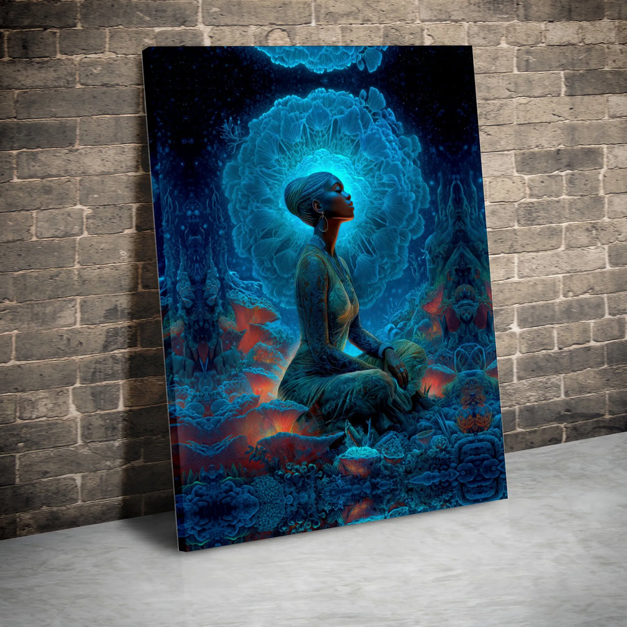 Meditating Black Woman Canvas Art | Bioluminescent Forest Aura Wall Decor | Premium Stretched Gallery Wrap | Spiritual Zen Home Office Gift