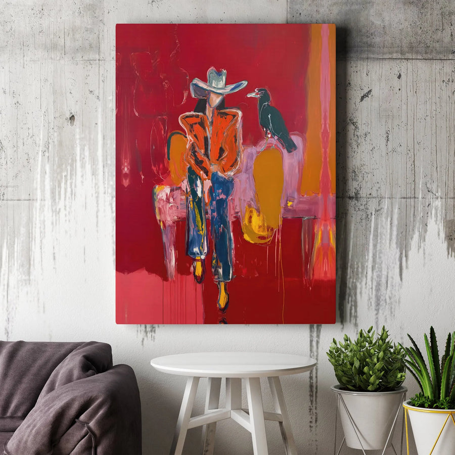 Abstract Cowboy Wall Art | Modern Western Cowgirl & Crow Painting | Premium Gallery Wrapped Canvas | Southwestern Living Room Decor Gift