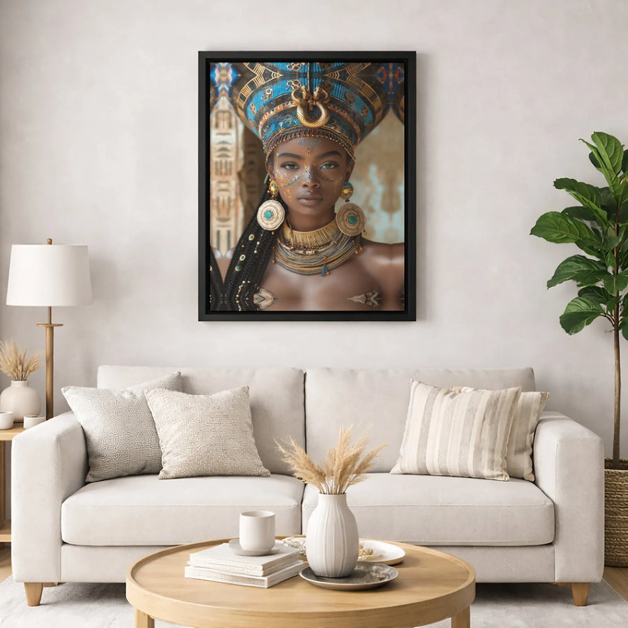 Egyptian Queen Canvas Art | Regal African Goddess in Gold Headdress | Premium 1.25-Inch Gallery Wrap | African American Decor for Home