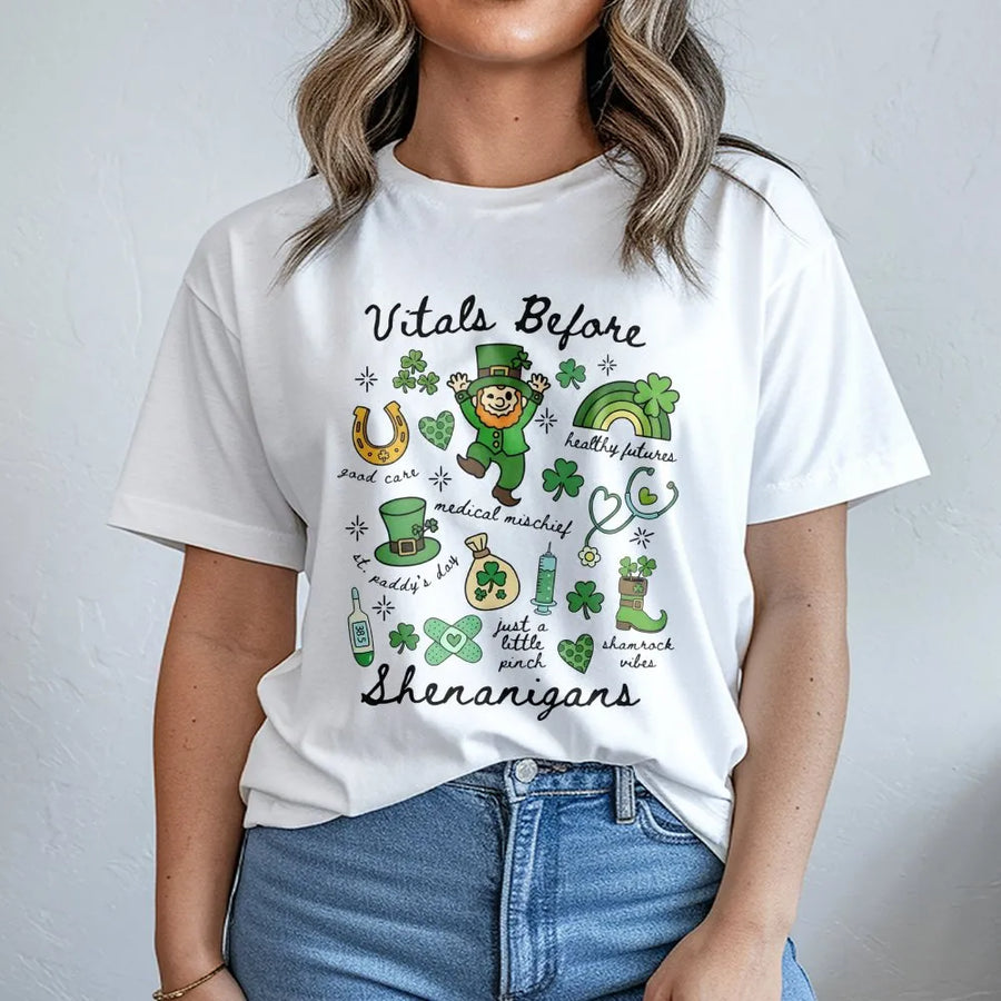 St. Patrick's Day Nurse T-Shirt | Vitals Before Shenanigans Graphic Tee | Soft Cotton Healthcare Apparel | Funny Medical Staff Holiday Gift