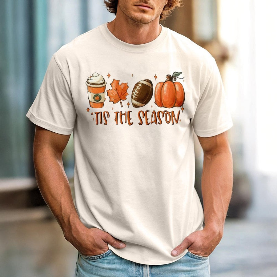 Tis The Season Fall T-Shirt | Autumn Pumpkin Football Coffee Graphic | 100% Cotton Premium Comfort Tee | Cozy Thanksgiving Gift For Women