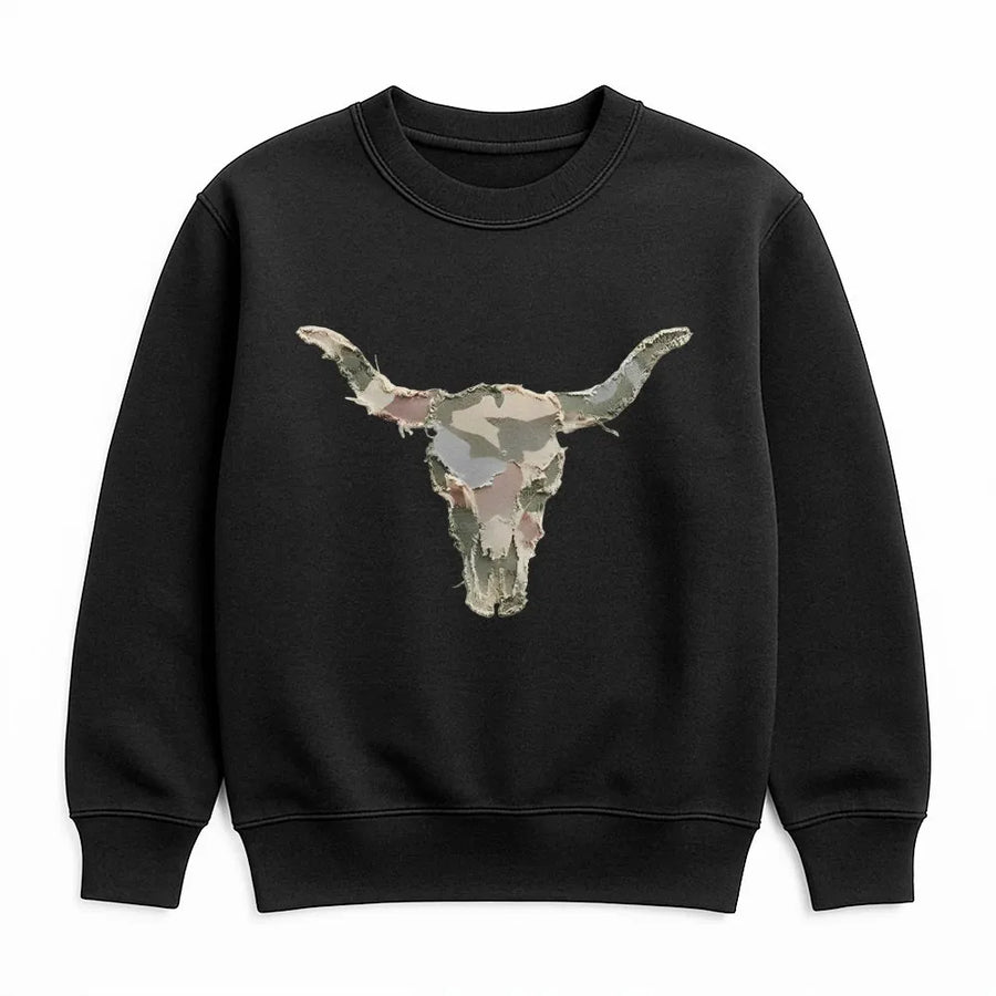 Western Longhorn Skull Sweatshirt | Camo Faux Patchwork Graphic | Premium Unisex Pullover | Rustic Country Style Gift