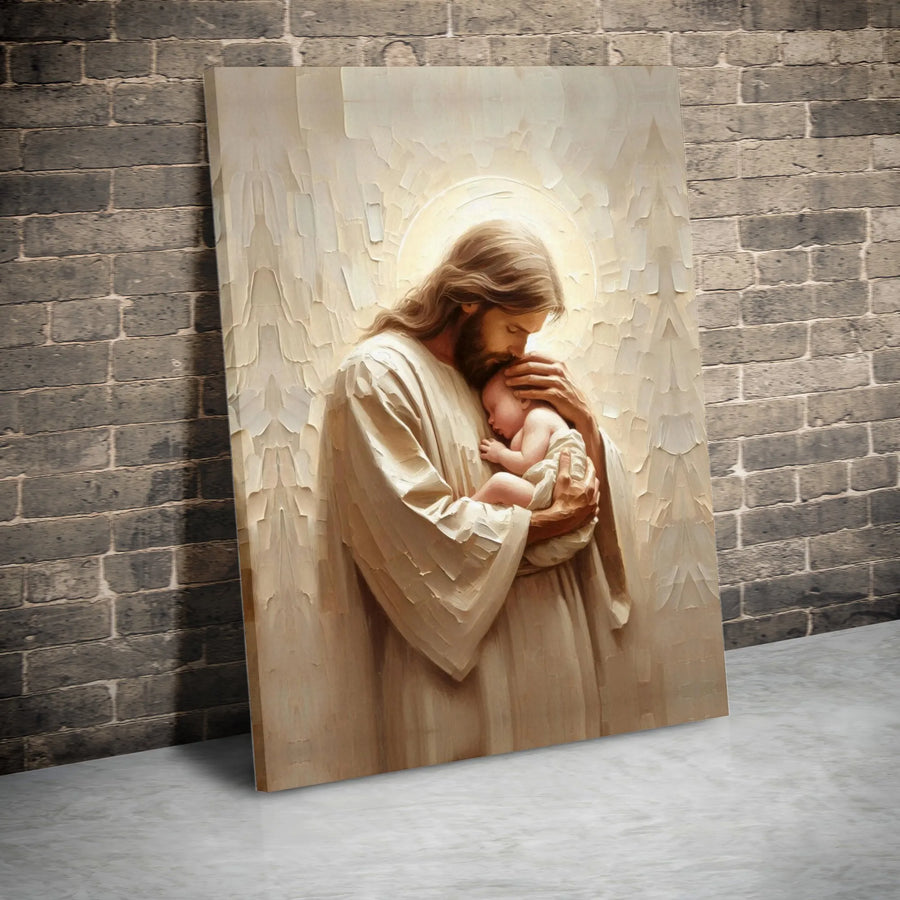 Jesus Holding Baby Canvas Art | Religious Impasto Style Wall Decor | Premium Fade-Resistant Print | Spiritual Gift for Nursery or Home