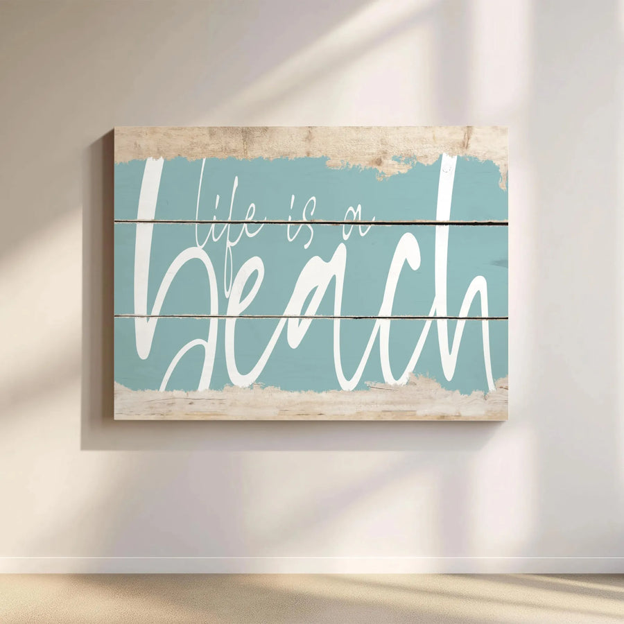 Life is a Beach Canvas Art | Rustic Coastal Sign with Faux Wood Look | Premium Gallery Wrapped Print | Beach House Decor Gift