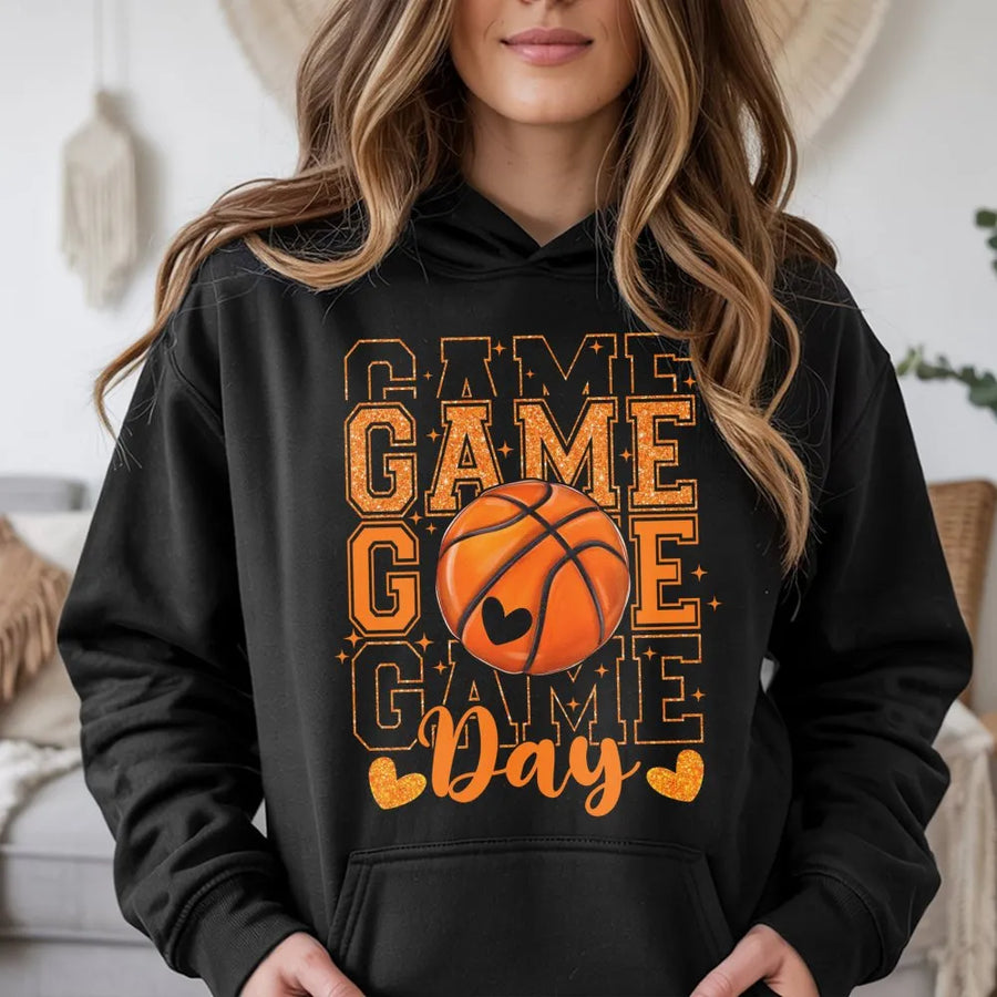 Game Day Basketball Hoodie | Glitter Heart Sports Graphic Design | Premium Cotton Blend | Gift for Basketball Mom & Fan