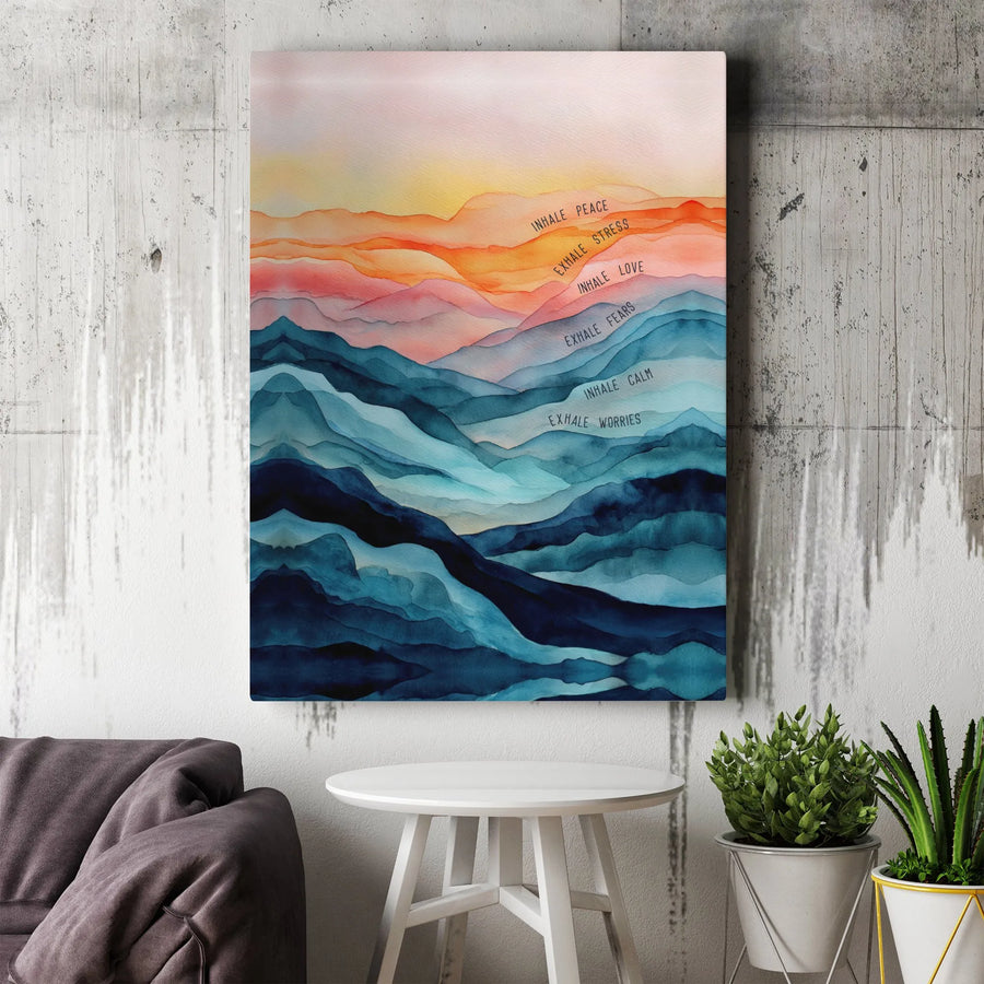 Mindfulness Canvas Wall Art | Watercolor Mountain Landscape with 'Inhale Exhale' Quote | Premium Gallery Wrapped Canvas | Zen Meditation Room Decor Gift