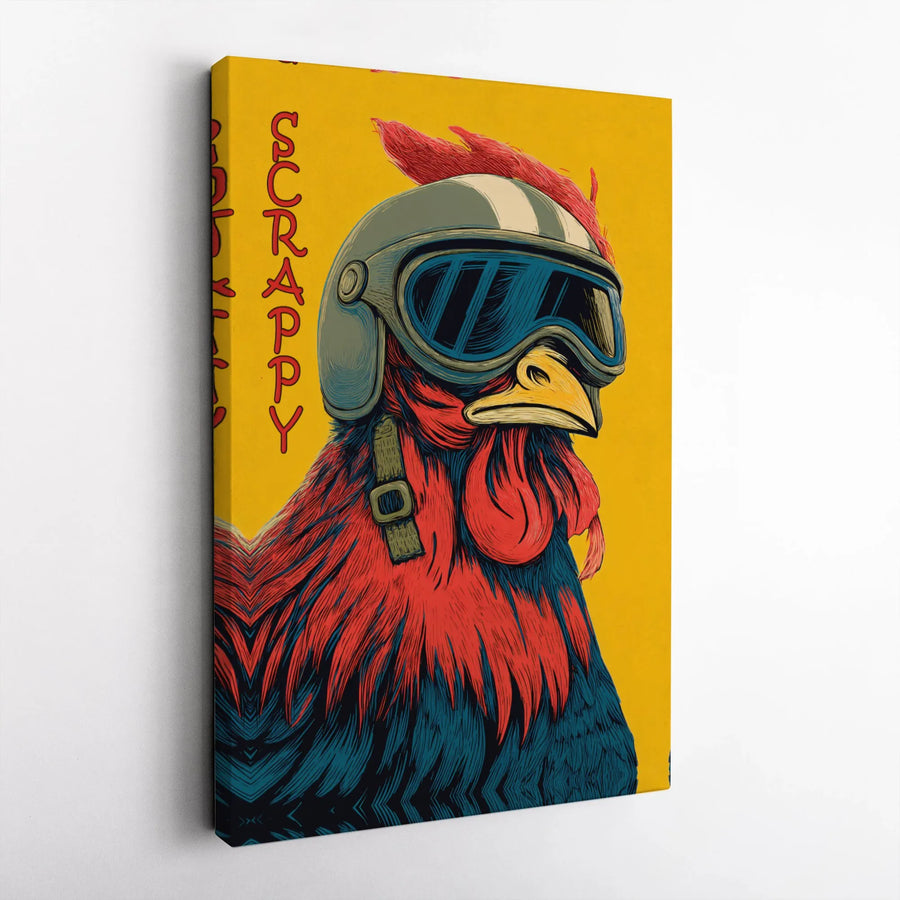 Scrappy Rooster Wall Art | Cool Chicken in Motorcycle Helmet Design | Gallery Wrap Premium Canvas | Unique Gift for Biker Home Decor