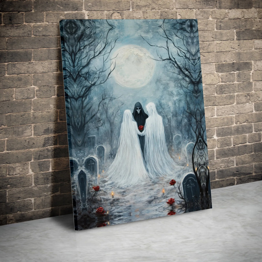 Gothic Wall Art | Grim Reaper With Ghost Brides & Red Roses | Gallery-Quality 1.25" Canvas | Macabre Home Decor Gift