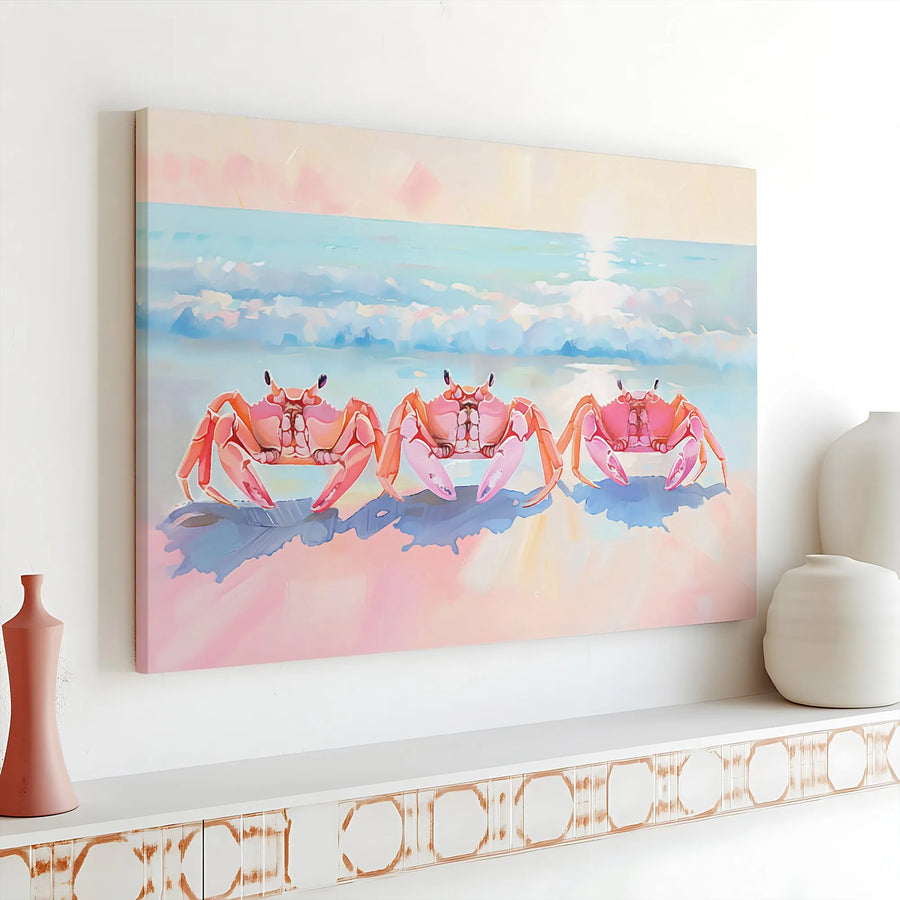 Coastal Crab Canvas Wall Art | Pastel Beach Painting Print | Gallery Wrapped 1.25" Deep Canvas | Beach House Decor Gift