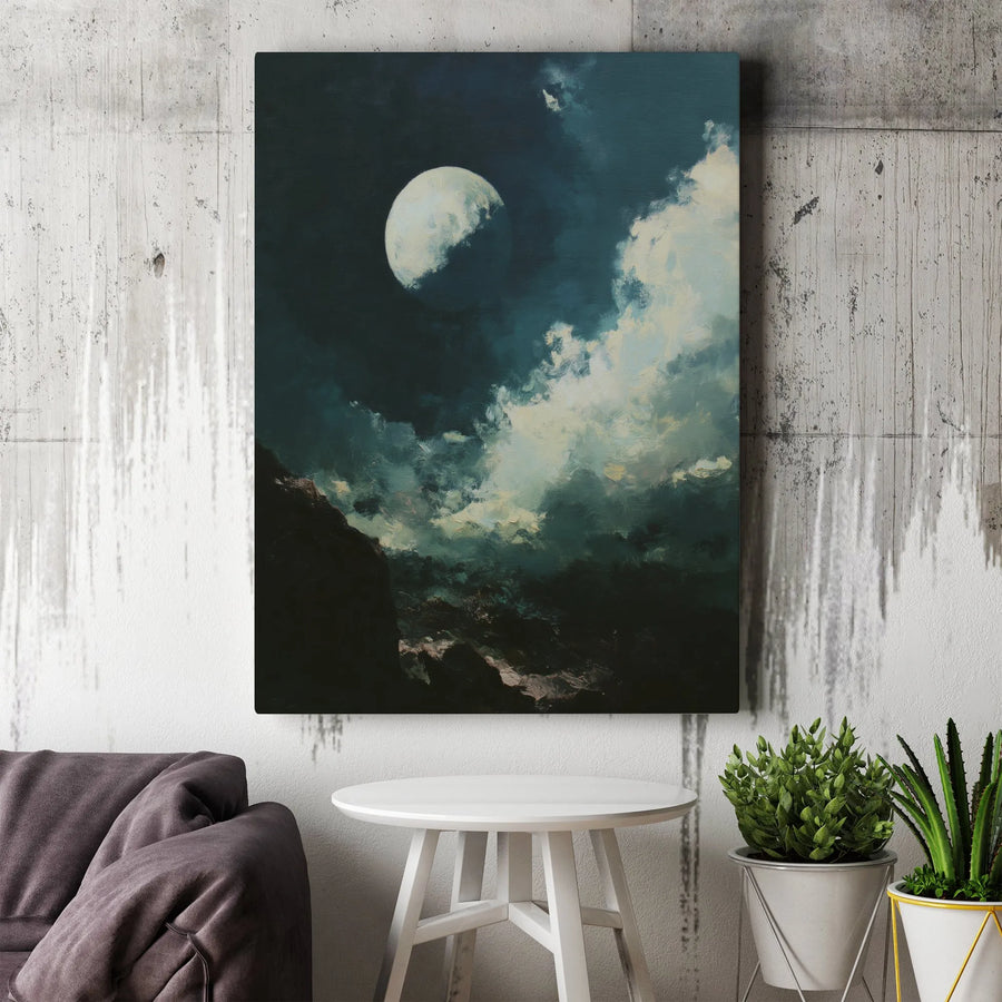 Moody Night Sky Canvas Print | Impressionist Moon and Clouds Over Mountains Wall Art | Premium Gallery Wrapped Decor | Gift for Nature Lovers
