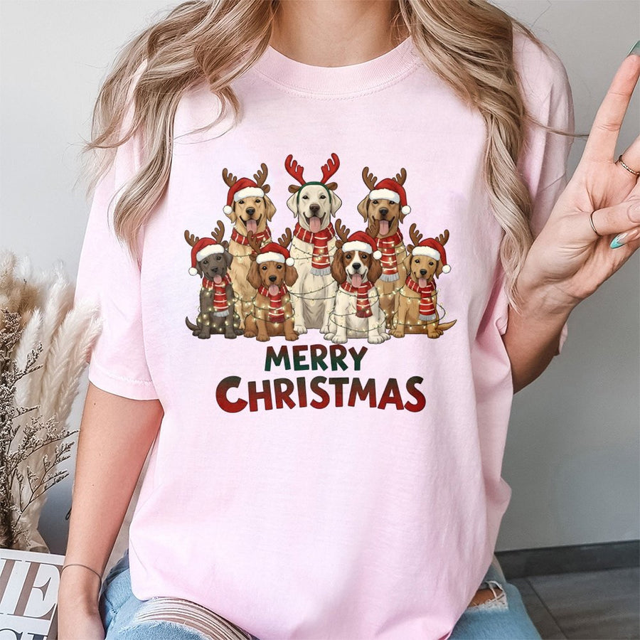 Merry Christmas Dogs T-Shirt | Cute Reindeer Puppy Holiday Graphic Tee | 100% Cotton Premium Quality | Fun Gift for Dog Moms and Animal Lovers