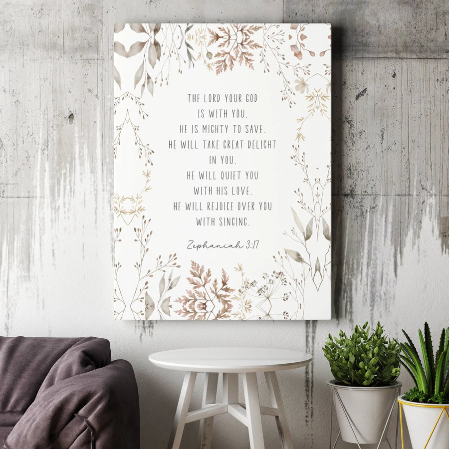 Zephaniah 3:17 Scripture Canvas Print | Watercolor Botanical Wall Art | Premium Gallery Wrap Decor | Christian Home Decor Gift