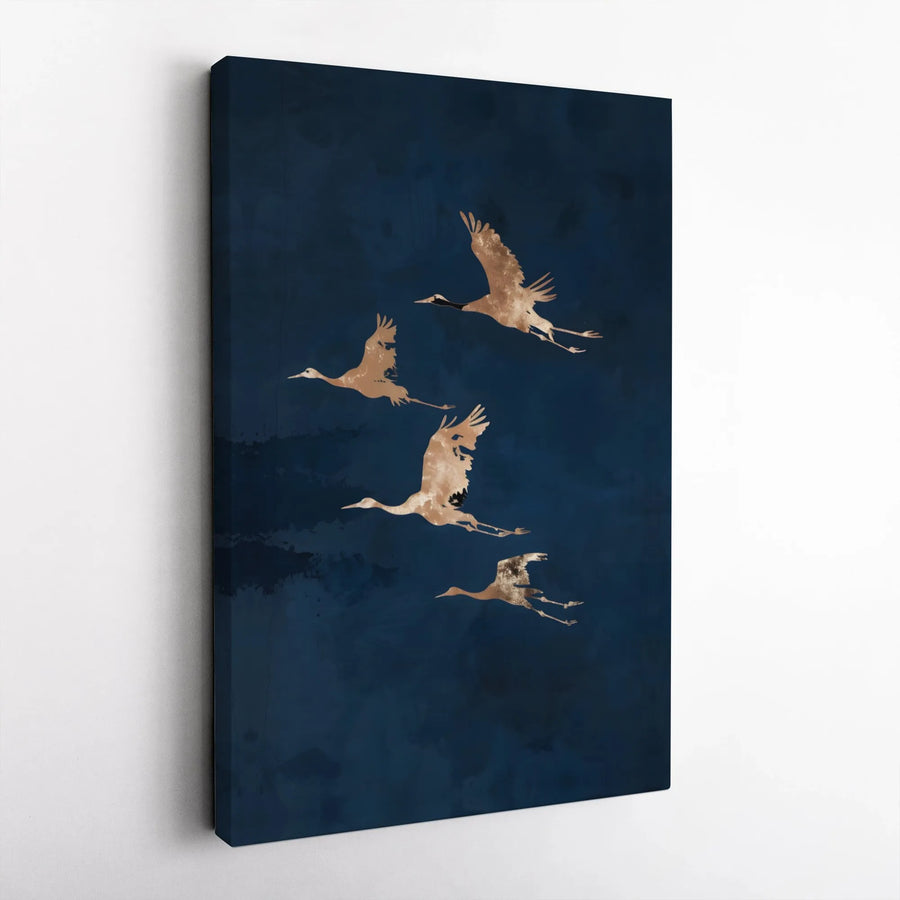 Flying Crane Wall Art | Gold Foil Style Minimalist Birds | Gallery Wrapped Canvas Decor | Luxury Home & Office Interior Accent