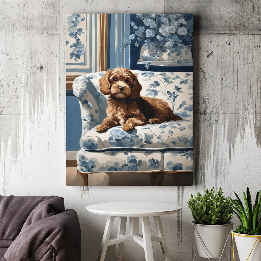 Cockapoo Canvas Wall Art | Vintage Dog Portrait on Blue Floral Chair | Premium Gallery Wrapped Canvas | Gift for Dog Mom & Preppy Home Decor