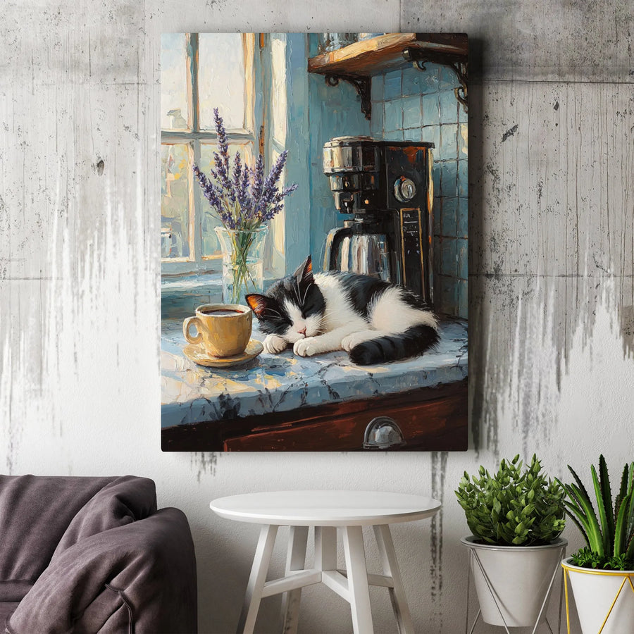 Sleeping Cat Canvas Wall Art | Whimsical Kitchen Scene with Coffee and Lavender | Premium Gallery Wrap Decor | Cozy Gift for Cat Lovers