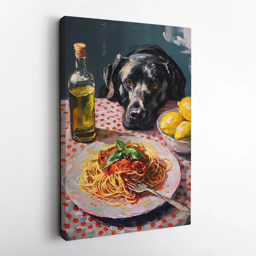 Black Labrador Wall Art | Whimsical Dog Eating Spaghetti Oil Painting Style | Premium Gallery Wrap Canvas | Unique Kitchen Decor Gift for Pet Lovers