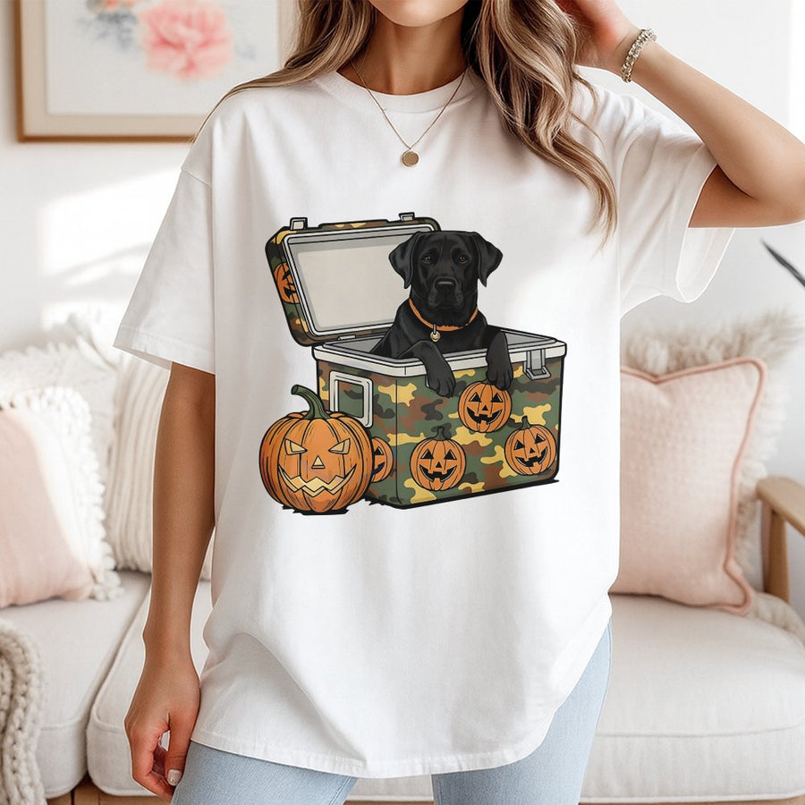 Black Lab Halloween T-Shirt | Camo Cooler Hunting Dog Graphic | Premium 100% Cotton | Spooky Fall Gift for Dog Moms and Hunters