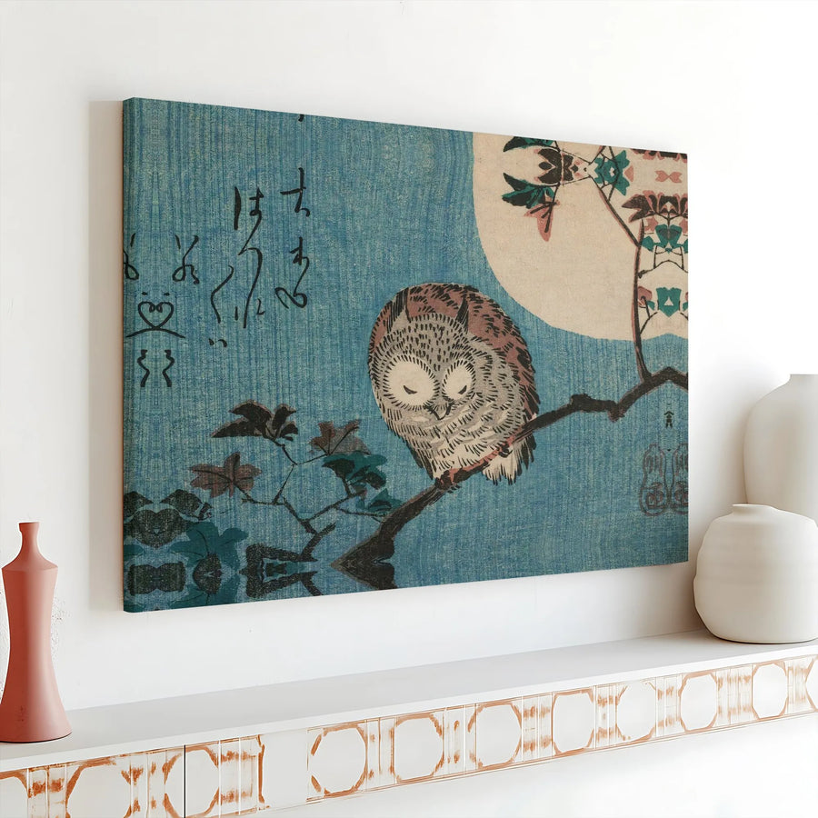 Japanese Owl Wall Art | Ukiyo-E Sleeping Owl Under Full Moon | Premium Gallery Wrapped Canvas Print | Zen Home Decor for Living Room
