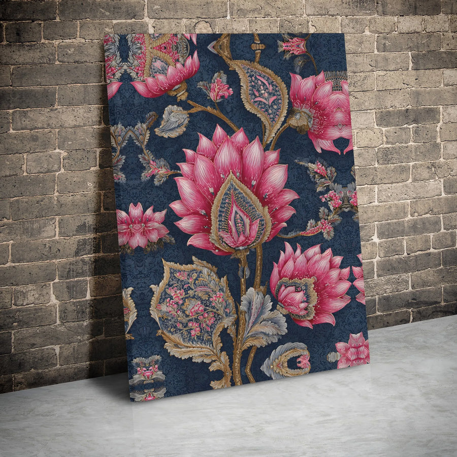 Indian Lotus Floral Canvas Print | Vintage Jacobean Paisley Art | Premium Gallery Wrapped Wall Decor | Elegant Botanical Gift for Home