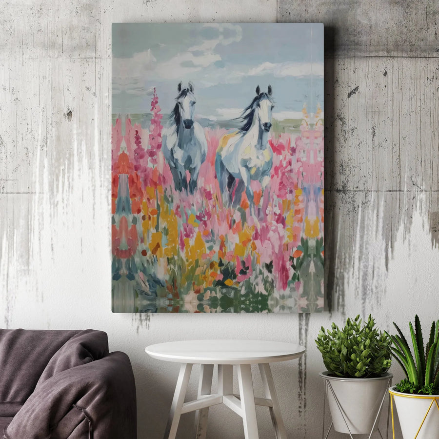 Horse Wall Art Canvas | Two Running Horses in Floral Meadow | Premium Gallery Wrap Print | Western Country Home Decor Gift