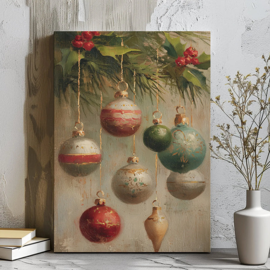 Vintage Christmas Ornaments Canvas Wall Art | Holly Berries Oil Painting Style | Premium Gallery Wrap Decor | Festive Holiday Home Gift